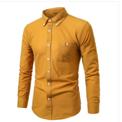 Corduroy shirt for men, long-sleeved, casual top for middle-aged and elderly men, vertical striped loose-fitting solid color shirt for fathers.