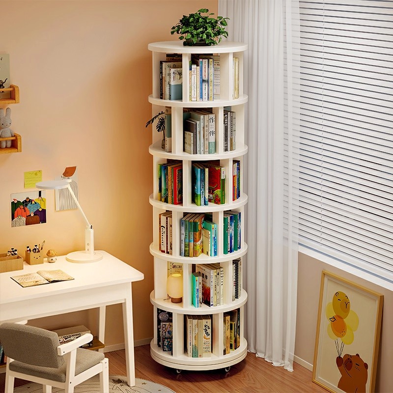 Solid Wood Rotating Bookshelf 360-Degree Floor-Standing Storage Rack Movable Narrow Cabinet Next to the Desk Wall Corner Storage Bookcase