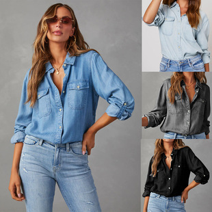 Denim Shirt European and American Cross-Border Amazon Autum Casual Lapel Single-Breasted Women's Long-Sleeved Denim 32130