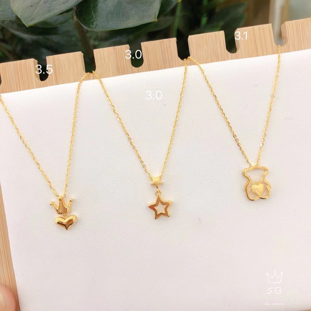 足金999星星黄冠爱心镂空小熊黄金套链生日送家人朋友一件代发