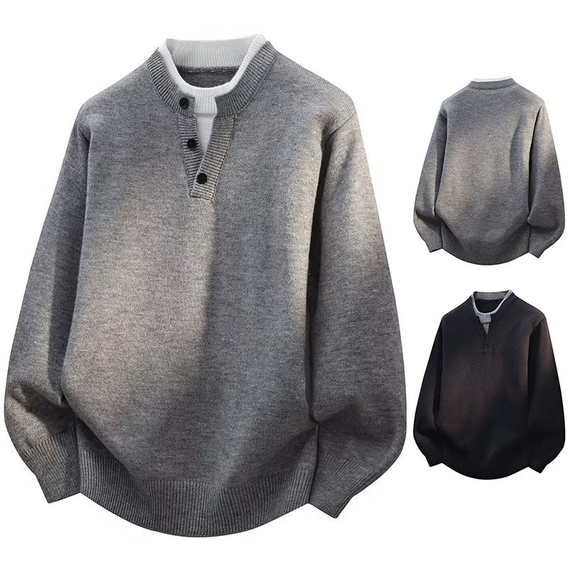假两件V领针织衫毛衣男纽扣老钱风慵懒高级秋冬毛衫外贸跨境批发