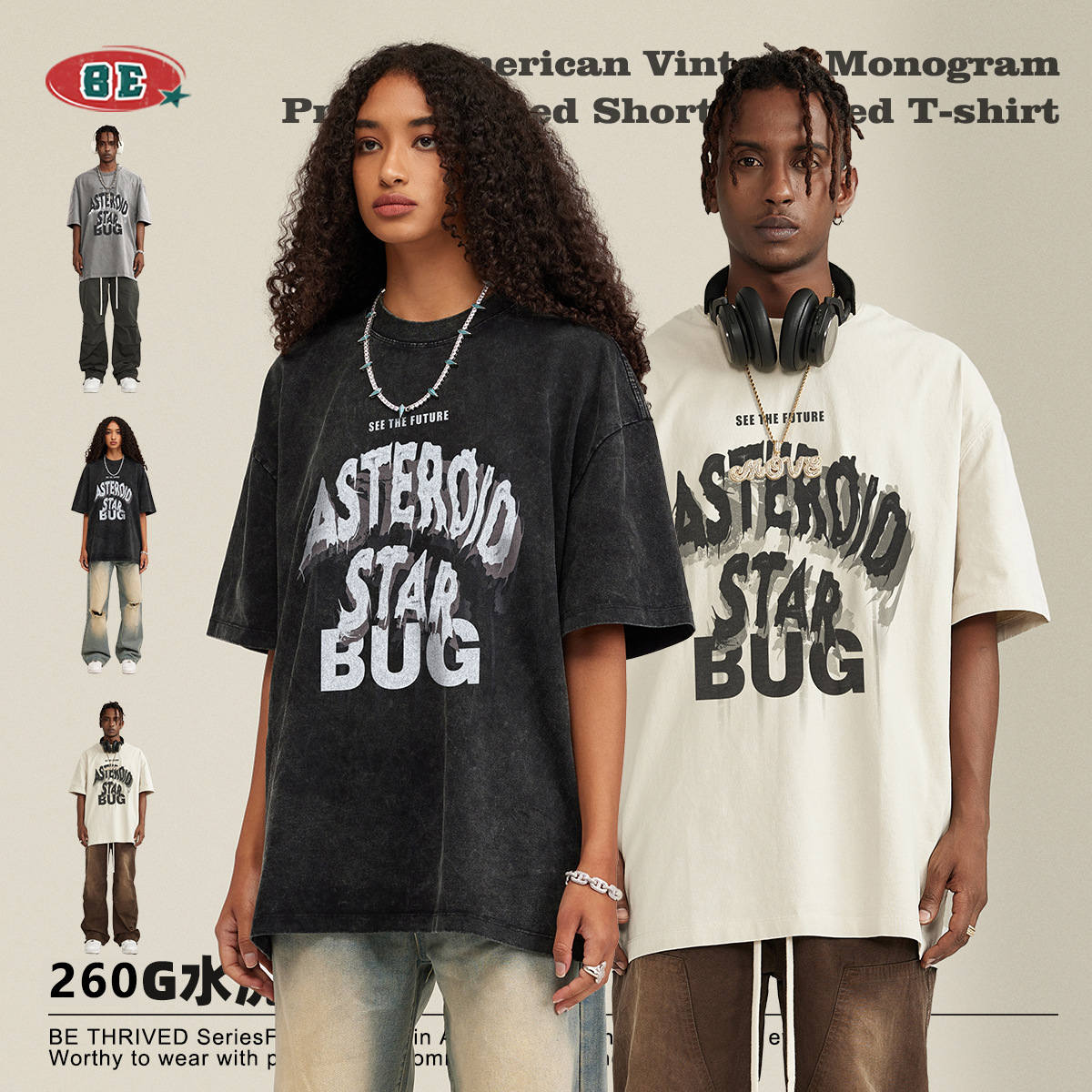 Ropa para Hombre BE | Camiseta de algodón puro para hombre, estilo urbano, holgada, con cuello redondo y letras, de la marca juvenil de moda primavera-verano 2025.