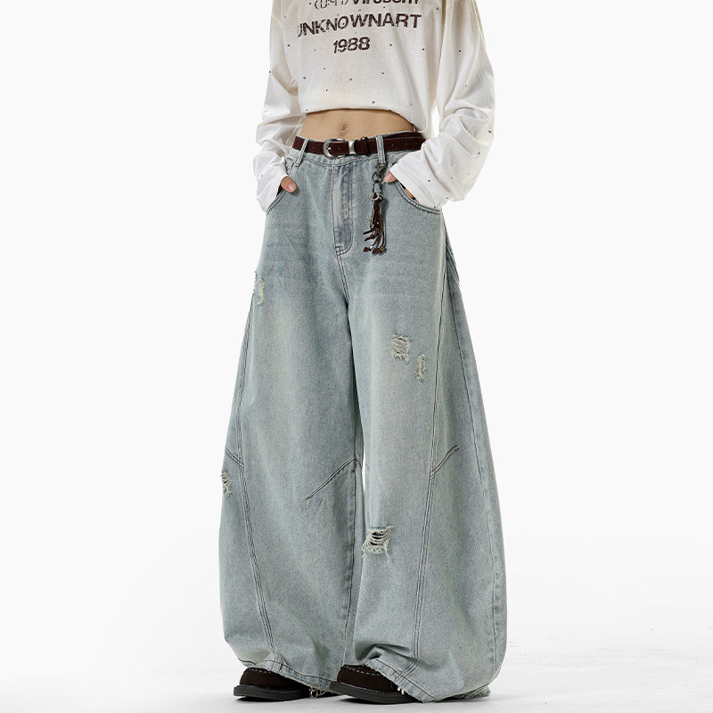 Light Blue Patchwork Ripped Jeans Oversized Fit Men's Spring 2026 New Versatile Casual Pants