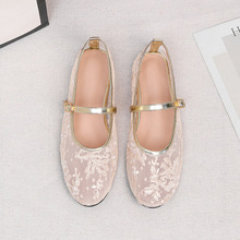 跨境亚马孙2026年刺绣网纱透气浅口圆头平底鞋一字扣网面芭蕾舞鞋