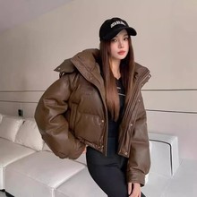 棉衣女新短款冬2024中欧美小个子立领羽绒棉服女PU皮加厚棉袄外套