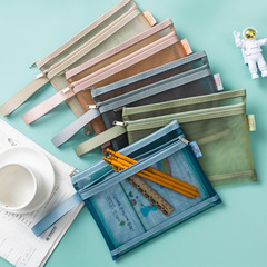 Double-layer Morandi mesh file bag, transparent handle, Cordura mesh grid storage bag, homework material bag