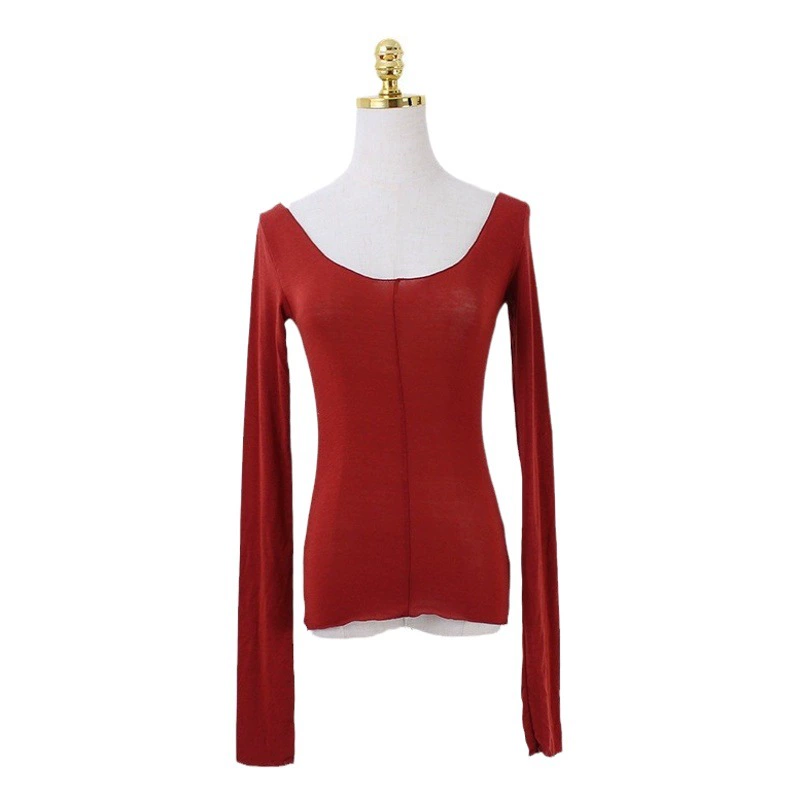 Новая комфортная и простая футболка-топ из тенселя и шерсти с V-образным вырезом, однотонная, базовая, с длинным рукавом, весна-лето 2025