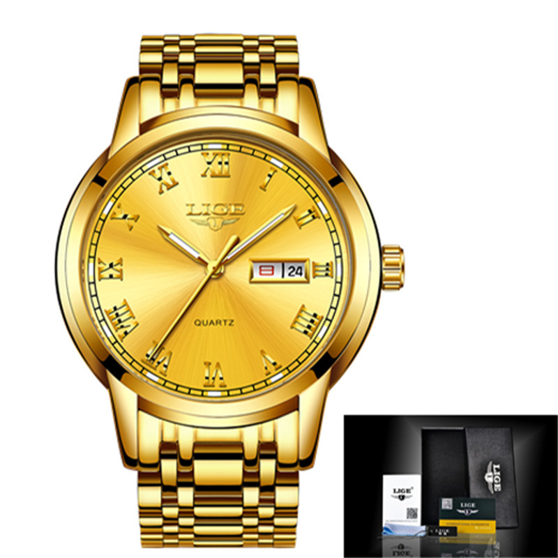 LIGE 9846-Semana banda de acero disco reloj de negocios elegante personalidad calendario hombres reloj casual transfronterizo
