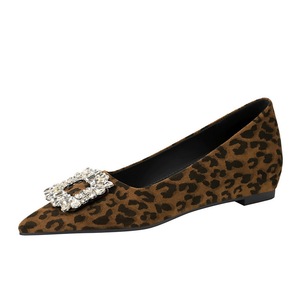 9121-K90 French pointed single shoe for women, flat bottomed leopard print rhinestone square buckle suede, with increase