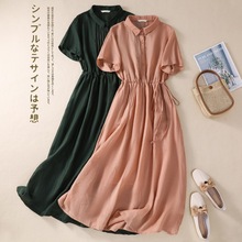 实拍2023年夏季薄款棉麻文艺简约显瘦中长款短袖连衣裙女