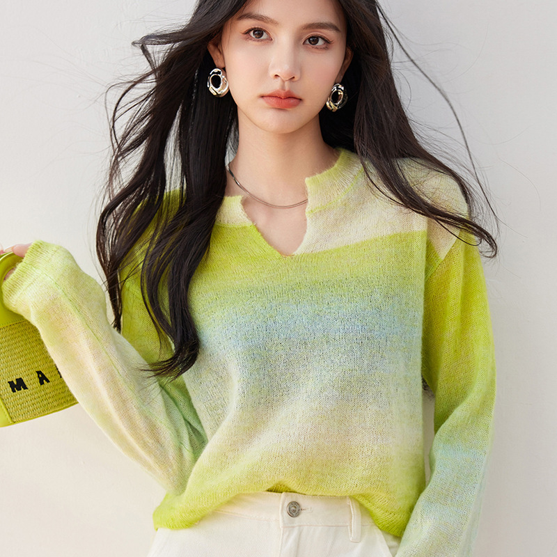 R3360 Designer Brand Mohair Gradient Knitwear Women's Mint Mambo Pullover Sweet Wool Knitwear Autumn Clothing