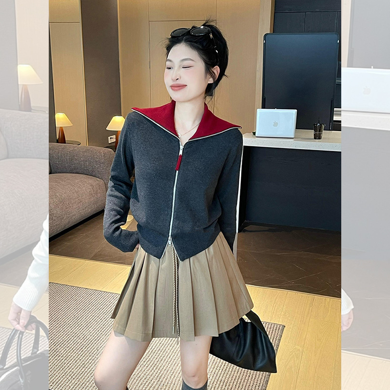 韩系白色海军领拉链针织开衫外套秋季新款女装设计感外穿长袖上衣|undefined