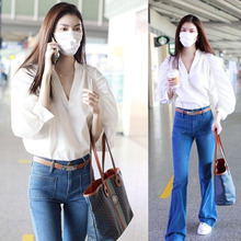 欧美FD超模何穗同款高腰前贴袋天空蓝洗水修身喇叭均安牛仔长裤女