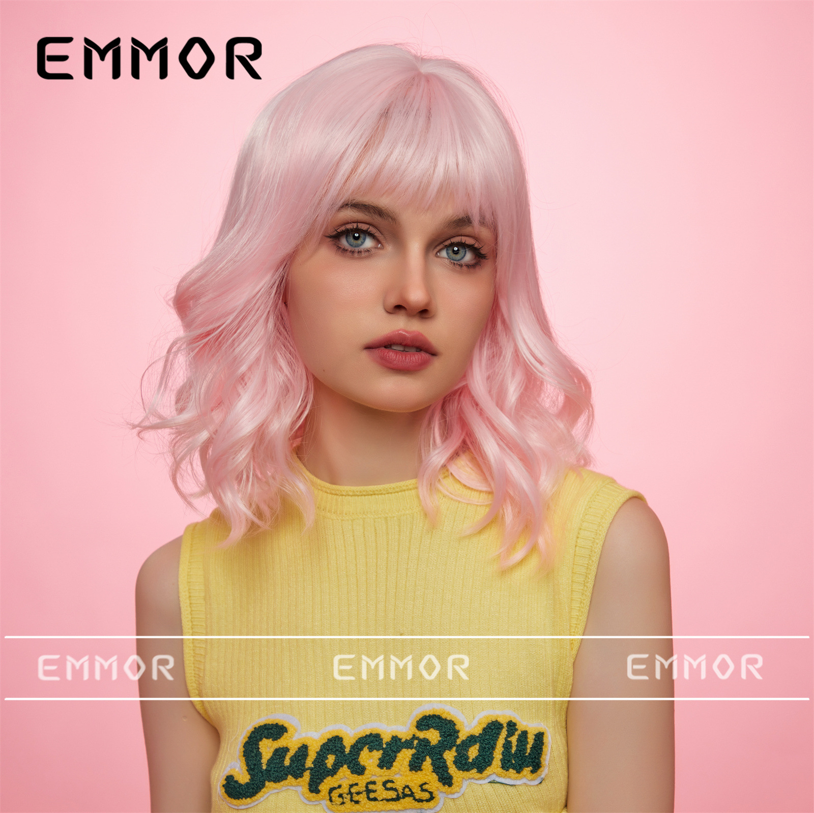 Shein Venta caliente dopamina recto Bangs colorido corto rizado pelo onda cabeza natural realista dulce fresco peluca cabeza cubierta para las mujeres