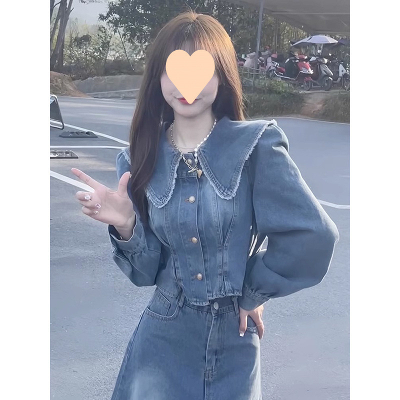 早秋新款高级感时尚减龄法式牛仔外套女搭配毛边牛仔半身裙两件套|undefined