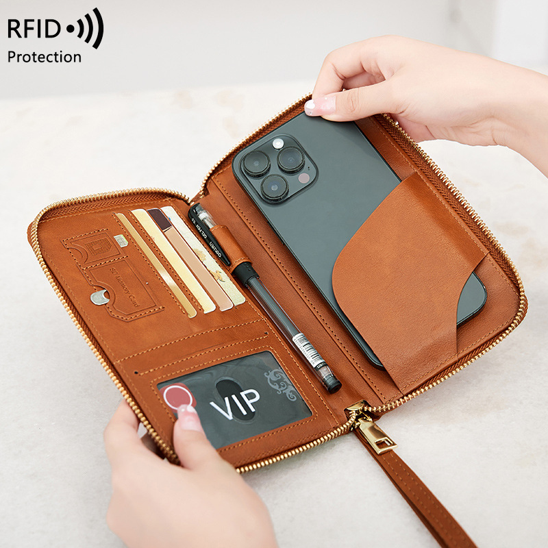 Cross-border new RFID passport holder with flight ticket storage document bag zipper long wallet multi-functional travel passport bag