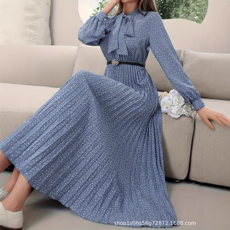 Women's Long-Sleeved Pleated Dress, Full Polka Dot Print, Tie Collar (No Belt), New Cross-Border Women's Long-Sleeved Pleated Dress, Full Polka Dot Print, Tie Collar (No Belt), New Cross-Border