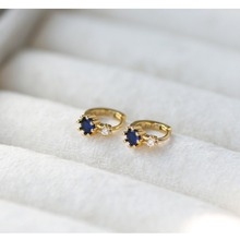 蓝色行星s925纯银耳环法式镀k金银饰 简约耳扣天然蓝锆石耳饰