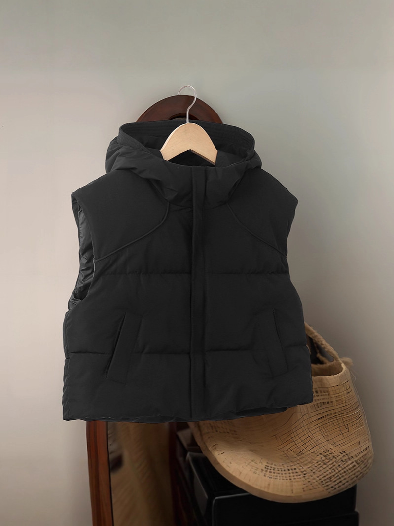 Transfronterizo chaleco de algodón de pluma para niños otoño y invierno chaleco con sombrero para niños mayores hombros gruesos calentamiento grueso