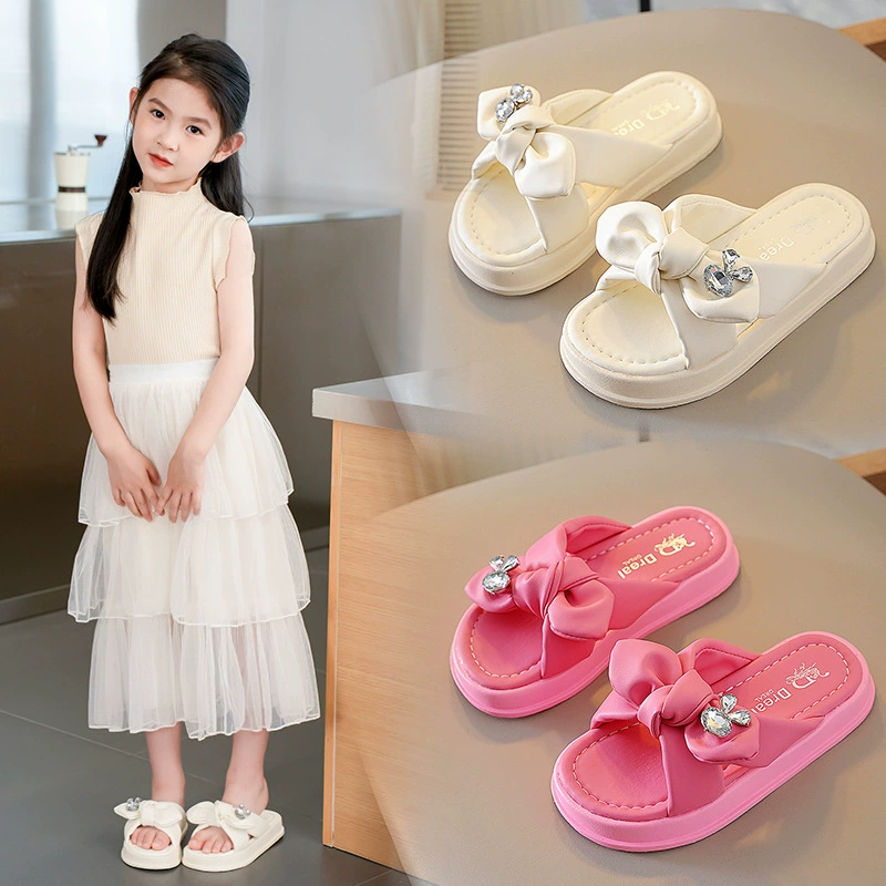 Новый корейский стиль дрель-бант для девочек Домашняя и уличная Домашняя одежда Детские Тапочки Мягкие Нескользящие тапочки для девочек