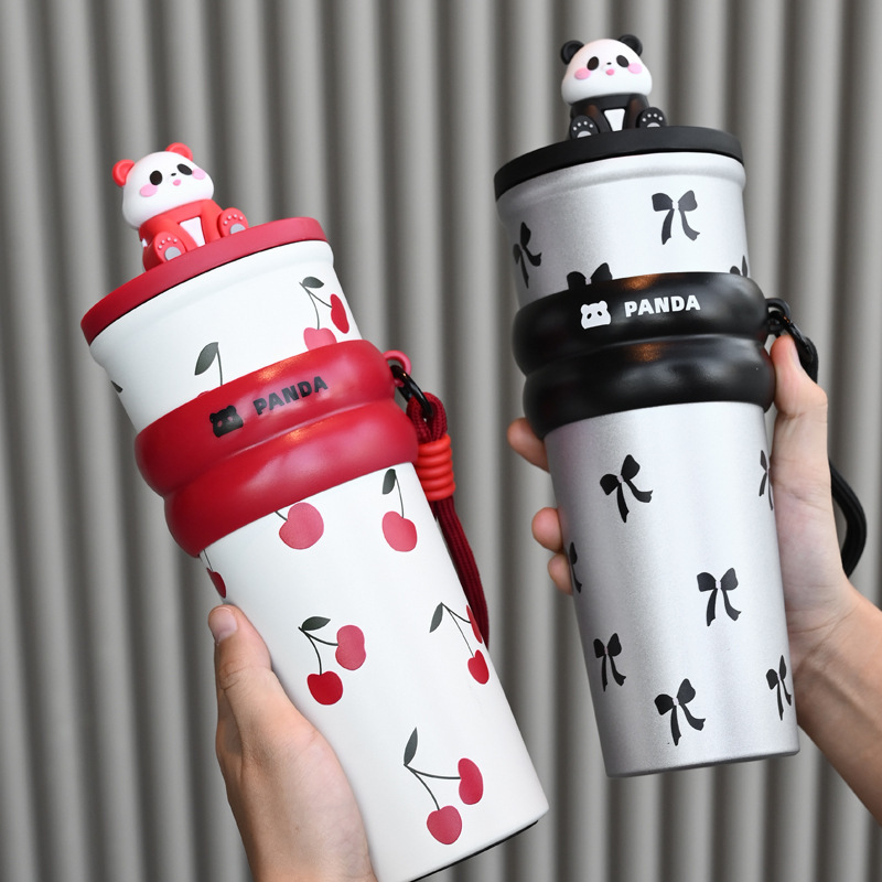 Taza de calor de dibujos animados panda taza de paja de gran capacidad taza de agua de acero inoxidable taza de café de alta calidad taza de estudiante portátil