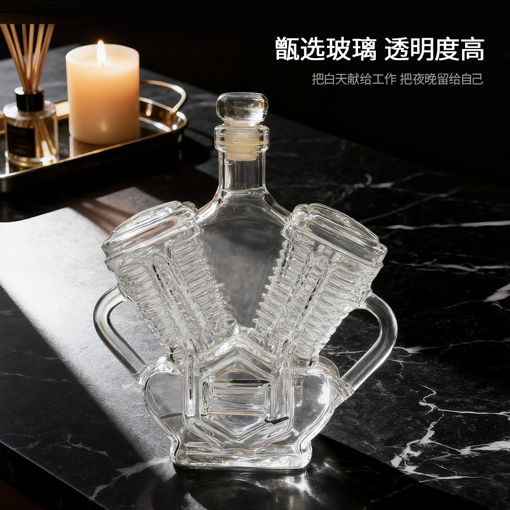 Botella de whisky motor V8 botella de whisky motocicleta temática retro decanter de vidrio