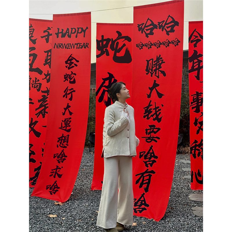 2025 신년 뱀 장식 빨간색 서예 배너 교수형 천 새해 쇼핑몰 이벤트 축제 배열 배경 천