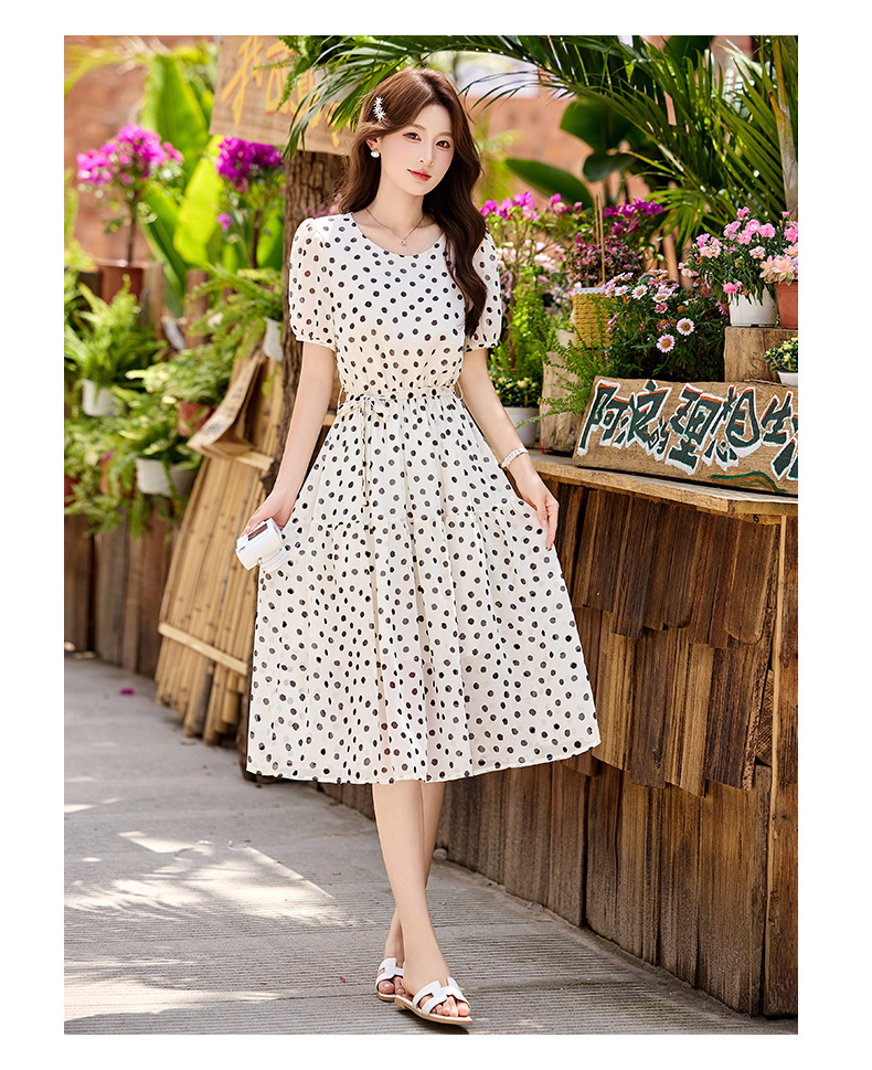 Đầm maxi nữ thắt eo chấm bi tay ngắn phong cách thời trang — màu đen, màu trắng chi tiết 25