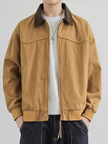 American retro color-matched lapel work jacket for men and women's autumn and winter couples 'casual loose baseball uniform jacket trend