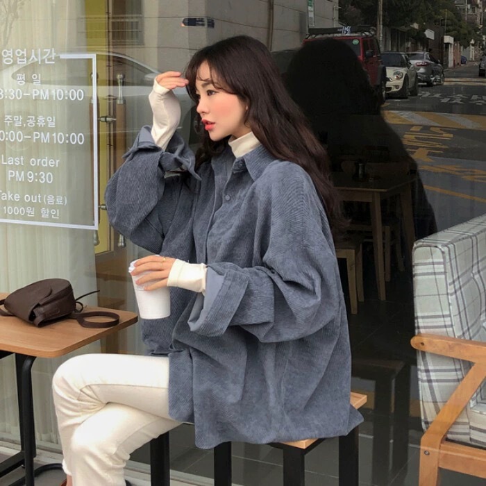 South Korea chic autumn retro niche texture design corduroy jacket loose boyfriend lazy shirt for women