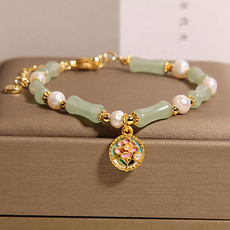Nueva pulsera china de bambú de piedra de ojo de tigre, colgante de pintura al óleo de perlas de nicho de lujo ligero femenino, pulsera de estilo nacional, joyería de alta calidad