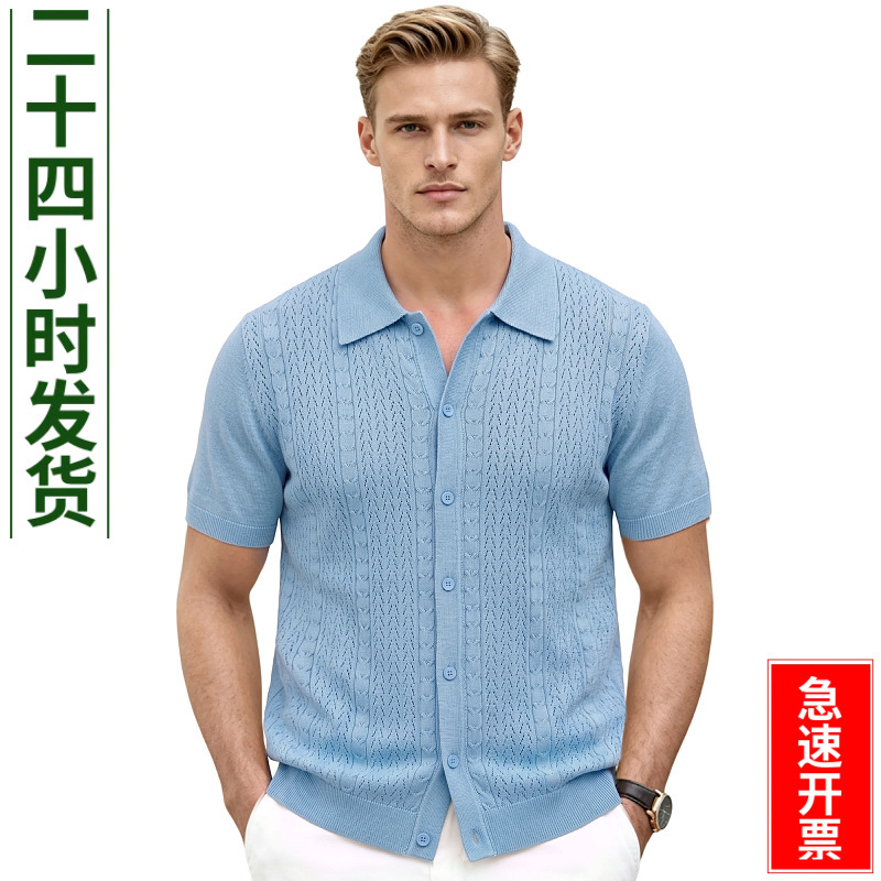 Cross-Border Men's Summer Solid Color Hollow-Out Short-Sleeve Knit Shirt Casual Turn-Down Collar Cardigan Business Polo Shirt Men Sj0146