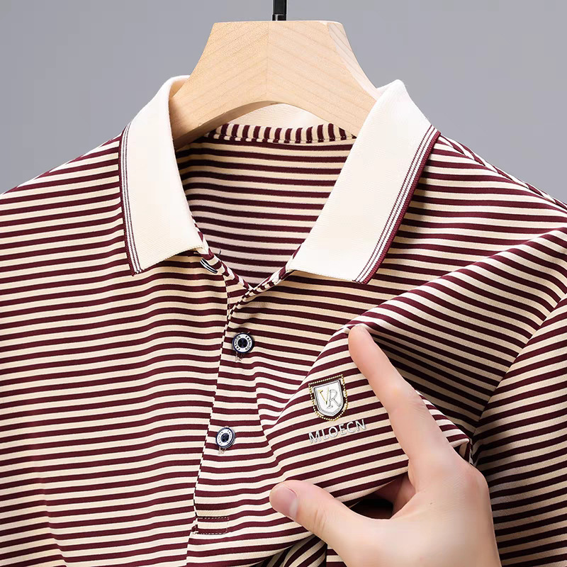キツツキ綿メンズ半袖Tシャツ2025新作夏中年ルーズラペル半袖ポロシャツストライプ|undefined