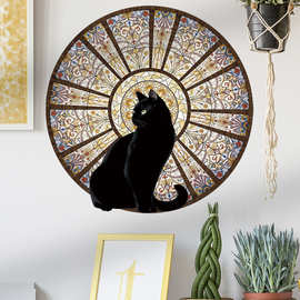 黑色猫咪背景墙面贴纸亚马逊热销外贸墙贴画彩色花纹圆形贴画穹顶