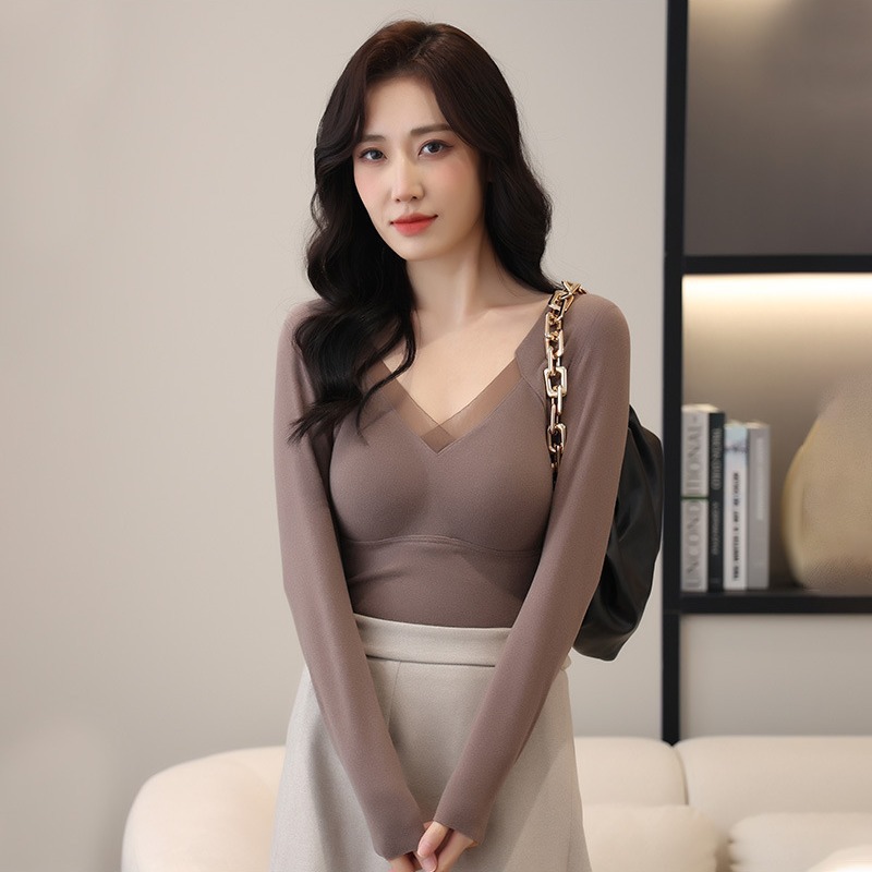 8805 가을 겨울 따뜻하고 흔적이 없는 그래핀 벨벳 긴팔 탑 브이넥 고정 가슴 패드 자체 가열 바닥 셔츠
