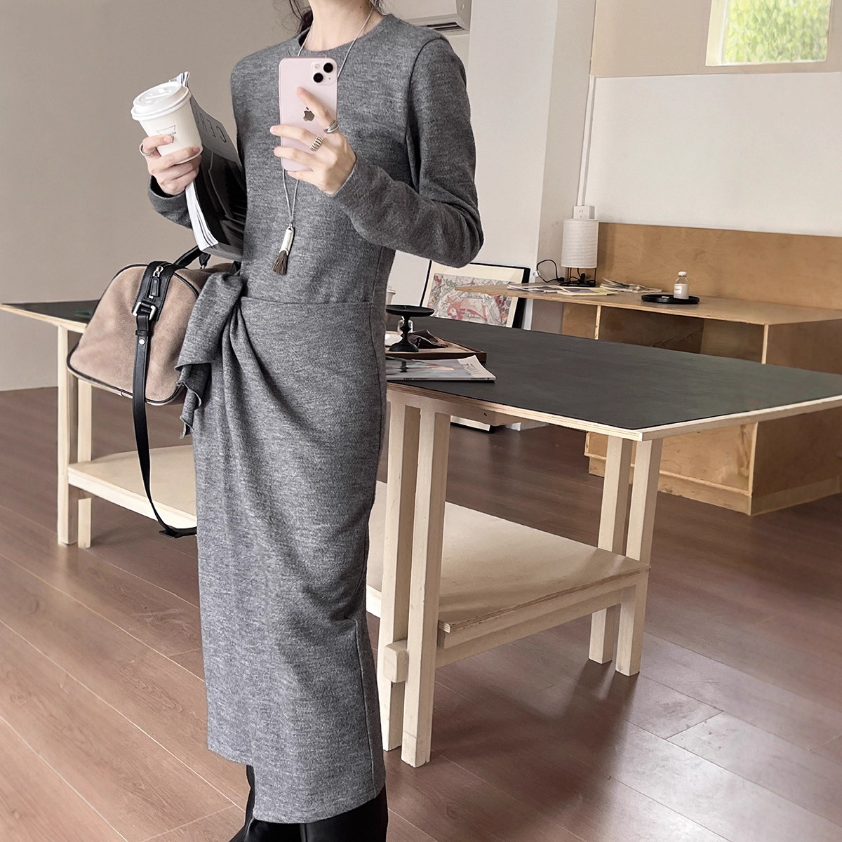 清仓不退换十三行冬设计感围裹绑带打底长裙百搭连衣裙女LYB724