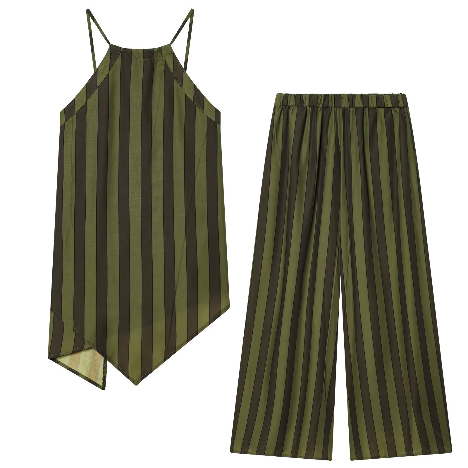 Striped Sleeveless Top & Pants Set, Women's Asymmetrical Crop Top With Matching High-Waisted Trousers, Two-Piece Outfit_ecoleips.com