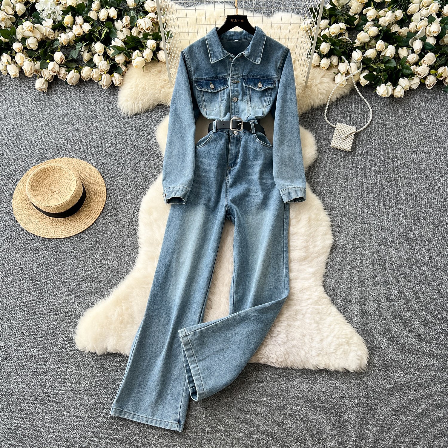 Foreign Trade Hong Kong Style Chic Fashion Light Mature Style Retro Polo Collar Long-Sleeved High-Waisted Denim Jumpsuit Women's Casual Wide Legs