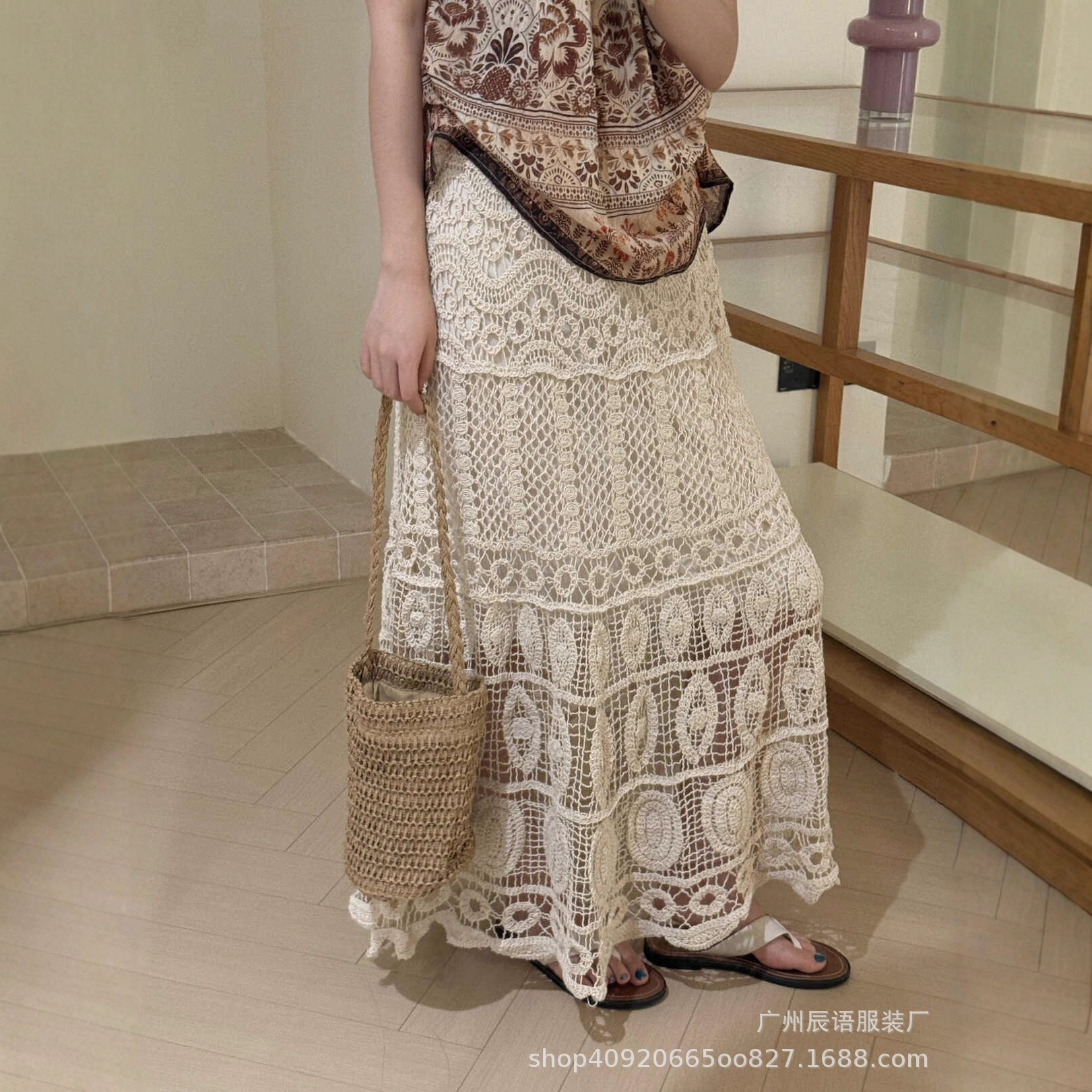 复古波西米亚显瘦A字大摆松紧腰纯棉钩花镂空中长款半身裙女夏新