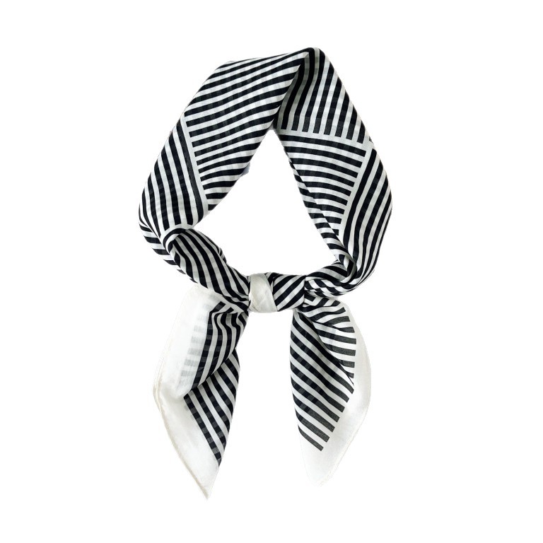 Bufanda cuadrada pequeña a rayas francesas en blanco y negro, bufanda de seda, estilo fino de primavera y verano femenino, temperamento de seda, moda literaria, camisa a juego, traje