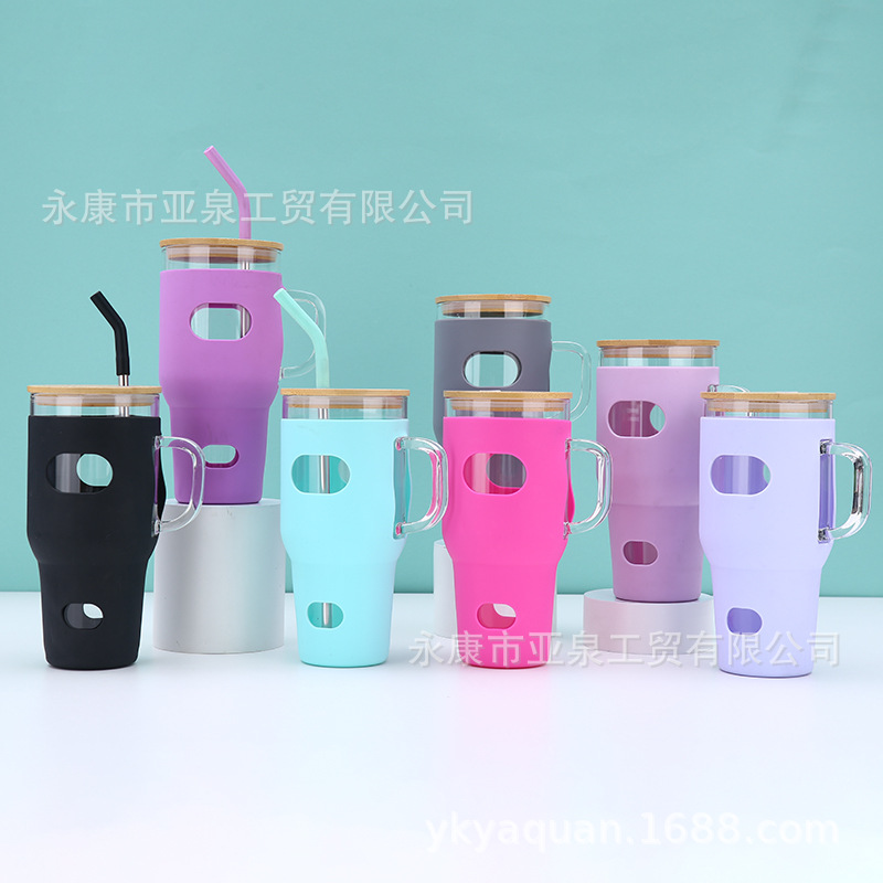 32oz vasos de vidrio transfronterizos con mango de gran capacidad portátil al aire libre cubierta de bambú cubierta de hielo con cubierta de automóvil al por mayor