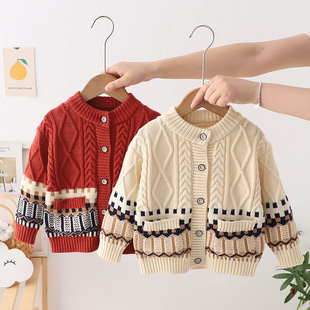 2023 children's sweater coat men's and women's clothing Autumn New retro color matching round neck cardigan baby knitted cardigan