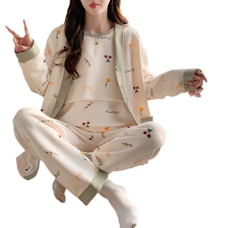 2024 pijama de otoño de mujeres manga larga aire de algodón intercalado tres piezas set de lactancia embarazada ropa para el hogar