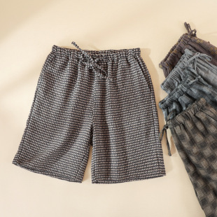 Simple Plaid Pajamas Men's Shorts Spring and Summer Pure Cotton Gauze Double Layer Thin Loose Home Pants Beach Pants