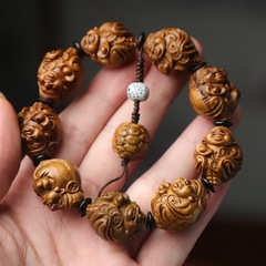 Zitan wood carved God of Wealth Zodiac Buddha beads bracelet/chain green sandalwood quality collectible attract wealth male gift