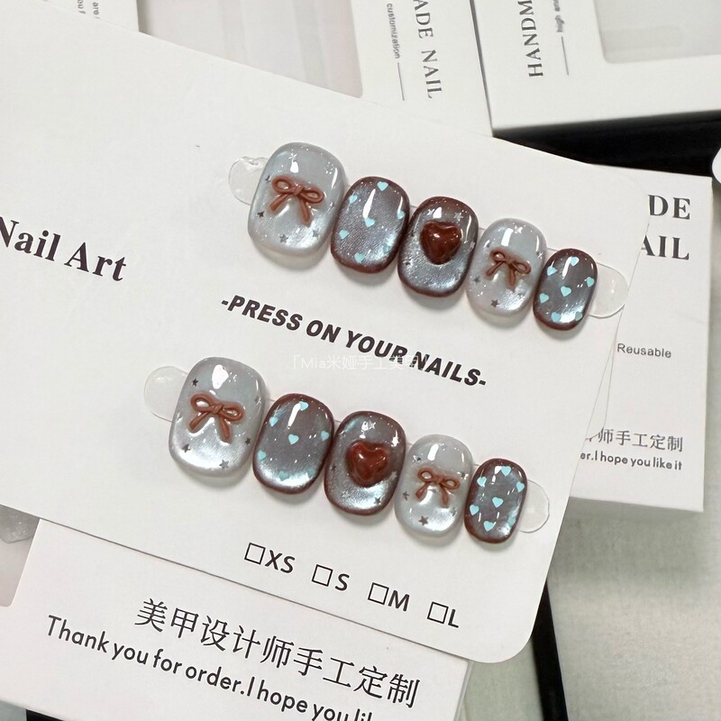 [Afternoon Tea] Autumn and Winter Blue and Brown Cat Eye Manicure Sweet and Cool Ins Bow Wearable Nails Pure Handmade Wholesale Hot Style