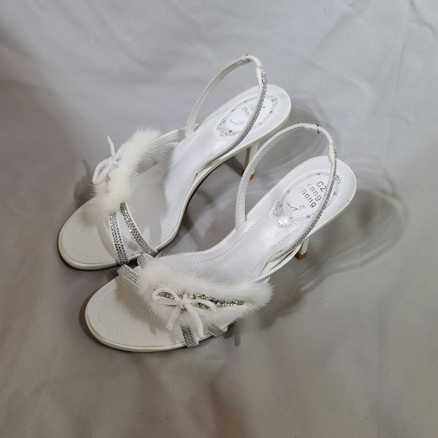 2026 New Luxury Mink Fur Stiletto Sandals for Banquets and Parties, Open-Toe High Heels with Rhinestones, White Sandals