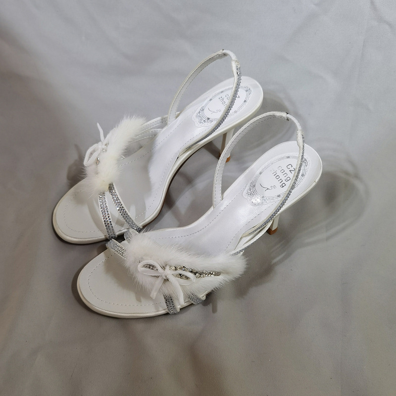 2026 New Luxury Mink Fur Stiletto Sandals for Banquets and Parties, Open-Toe High Heels with Rhinestones, White Sandals 2026 New Luxury Mink Fur Stiletto Sandals for Banquets and Parties, Open-Toe High Heels with Rhinestones, White Sandals