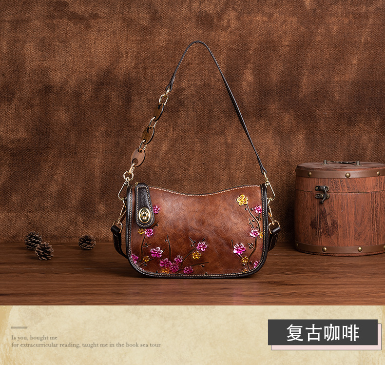 Túi đeo chéo nữ da bò vintage họa tiết nổi — Màu đen cổ điển, Màu nâu cổ điển, Cà phê cổ điển chi tiết 11