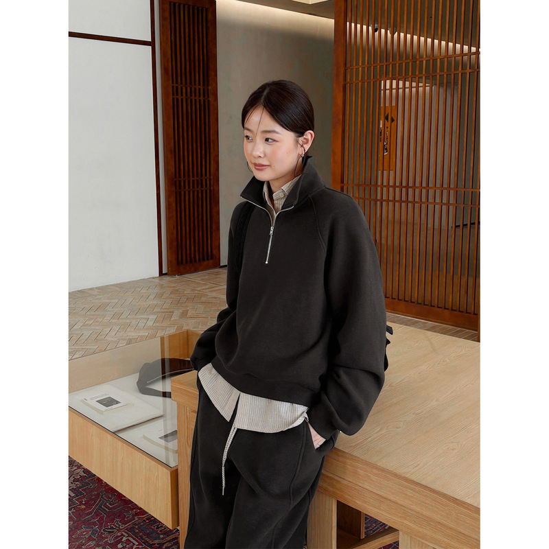 Han Xun Women's Wool Blend Fleece-Like Old Money Casual Sweatshirt 2026 Autumn/Winter Half-Zip Raglan Top 27576